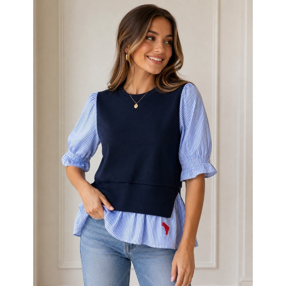 English Factory Striped Knit Peplum Blouse Puff Sleeve Crew Neck Pullover S